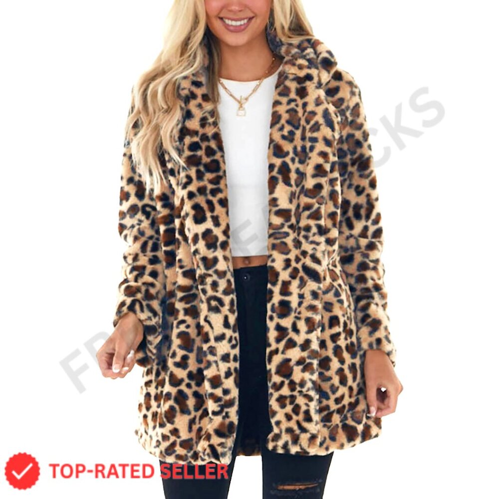 Faux Fur Leopard Print Jacket Loose Fit Warm Winter Outerwear